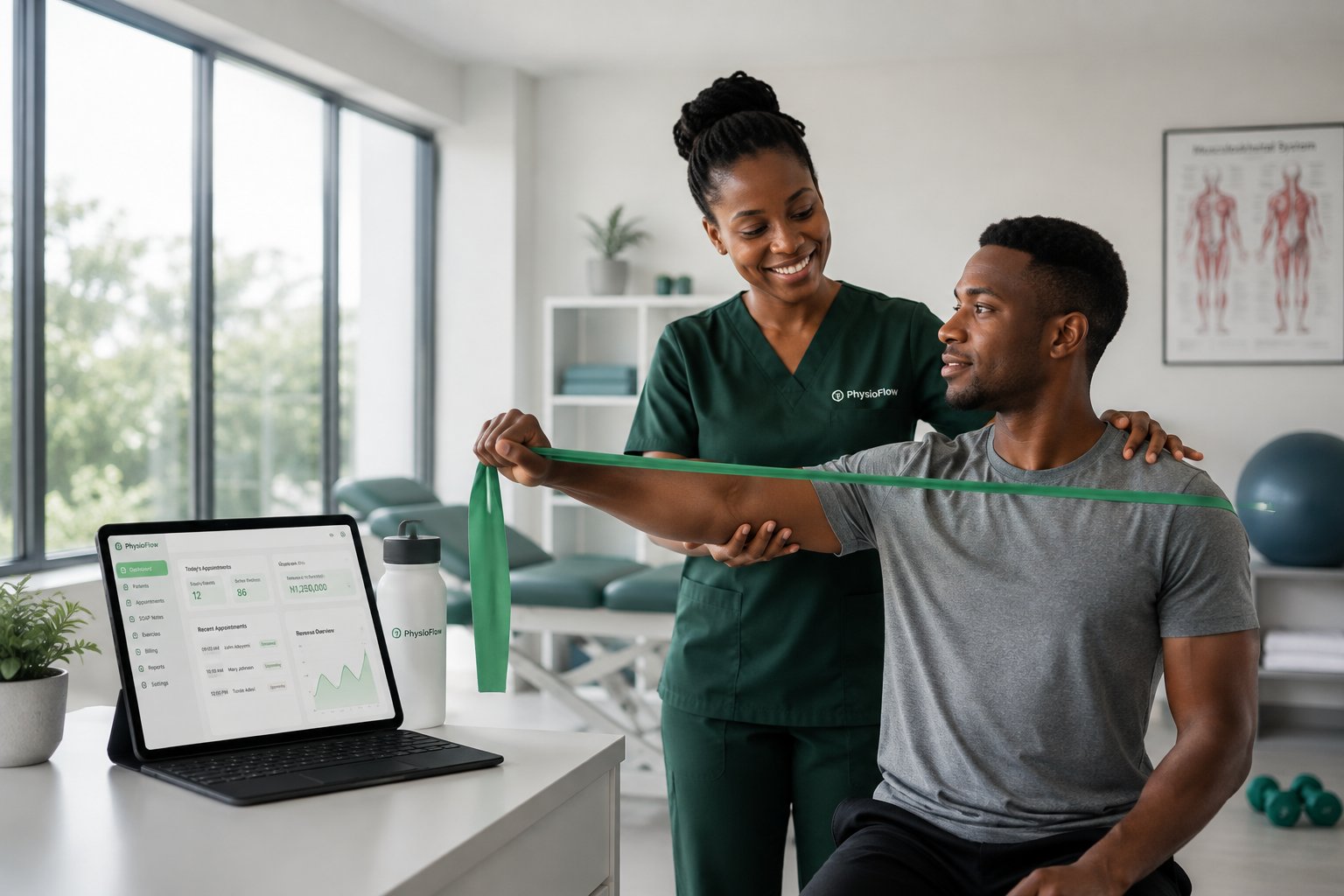 Physiotherapist assisting a patient with a shoulder mobility assessment, PhysioFlow dashboard shown on tablet
